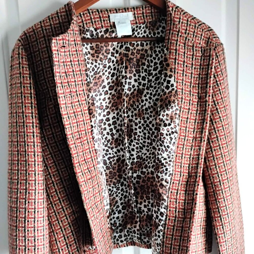 FDJ Tweed Collarless Blazer Plaid Leopard Lined Jacket